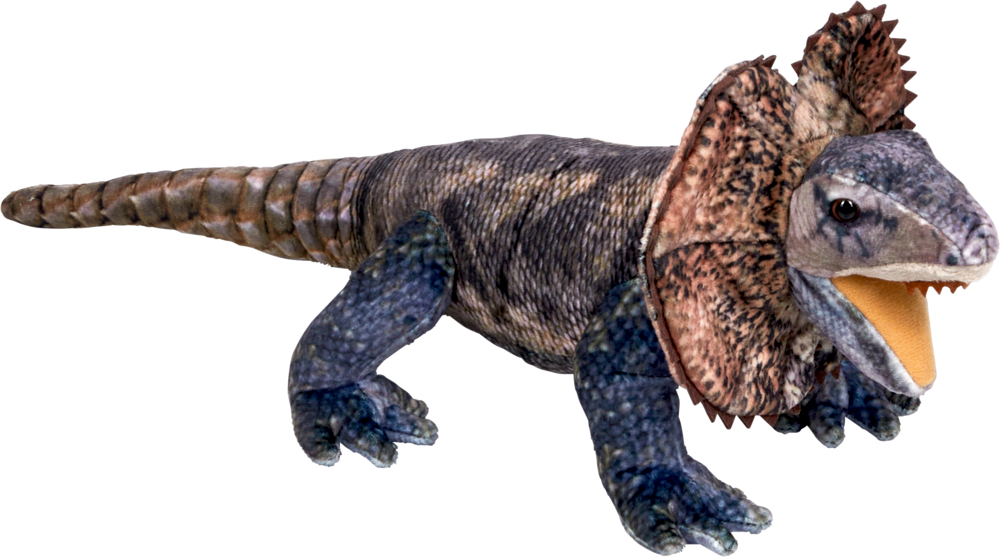 Plüschfigur in Form einer Echse mit breitem Kragen, geöffnetem Maul und strukturierter braun-blauer Oberfläche.