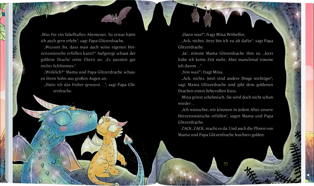 Zwei bunt glitzernde Drachen sitzen nebeneinander unter einer Höhlendecke mit hängenden Fledermäusen und leuchtenden Kristallen.
