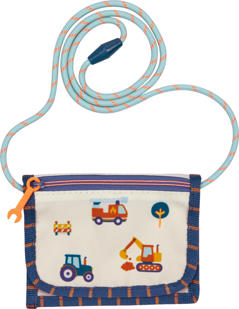 Brustbeutel mit dunkelblau-orangem Rand, Bau- und Fahrzeugmotiven auf beigen Hintergrund und hellblauer Kordel mit orangefarbenem Muster.