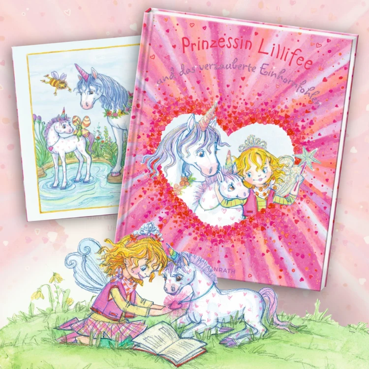 Pinkes Buchcover mit Prizessin und zwei Einhörnern auf rosa Untergrund.