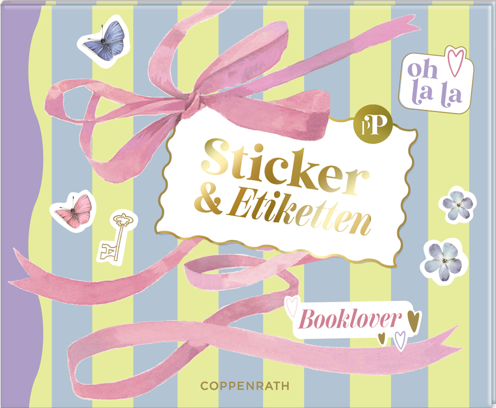 Farbiges Stickerbuch-Cover mit rosa Schleife, Schmetterlingen, Blumen und dem Text "Sticker & Etiketten".