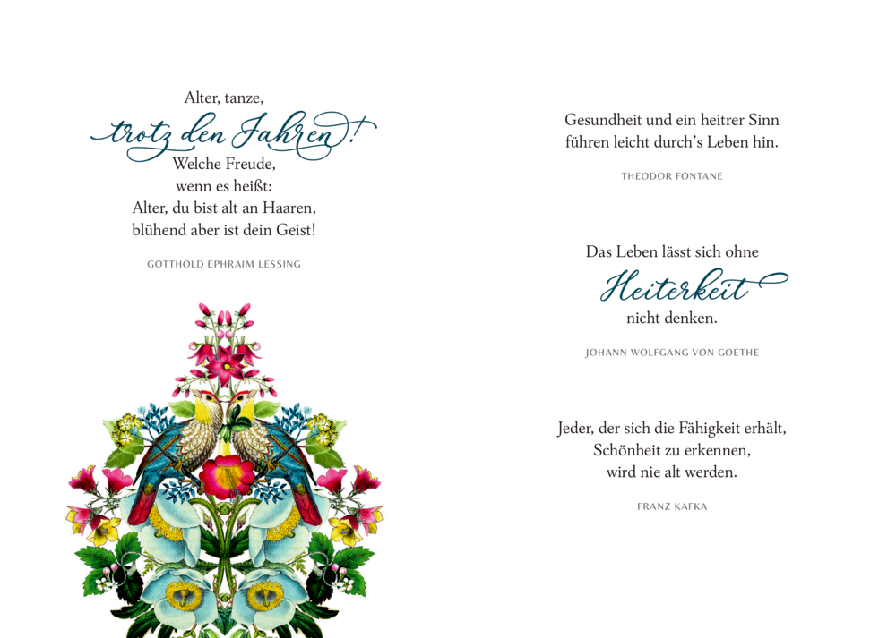 Farbenfrohes Blumenmuster mit Zitaten zu Alter, Freude und Heiterkeit auf einer weißen Seite.