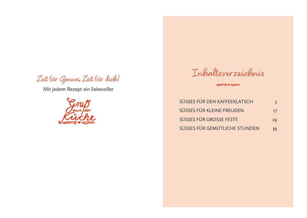 Zwei Buchinnenseiten mit Begrüßung auf einer Seite und Inhaltsverzeichnis mit Dessertkategorien auf der anderen Seite.