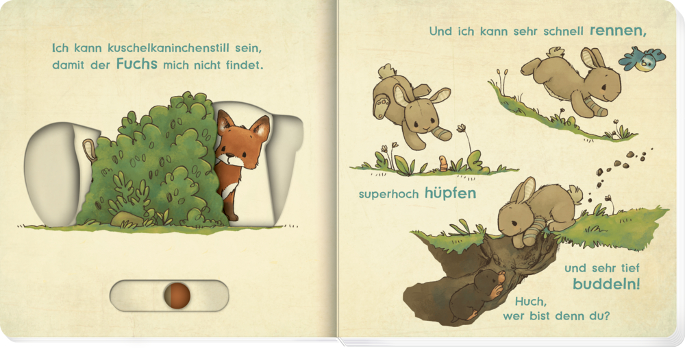 Offenes Buch mit Text, in dem ein Fuchs hinter einem Busch hervor späht, währenddessen rennen, springen und graben Kaninchen auf einer Wiese .