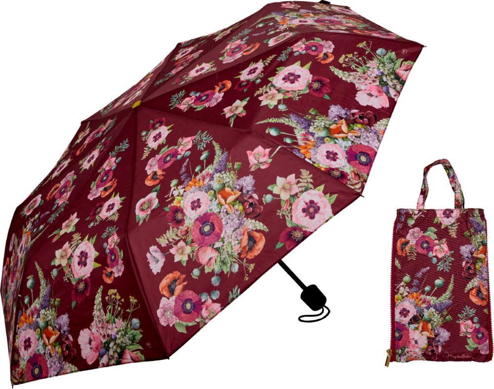 Offener burgunderfarbener Regenschirm mit buntem Blumenmuster, neben der dazu passenden Hülle ausgestellt.