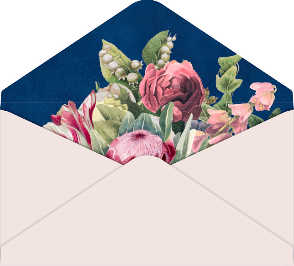 Offener Briefumschlag mit blauer Innenklappe und floralem Motiv in Rosa, Grün und Weiß.