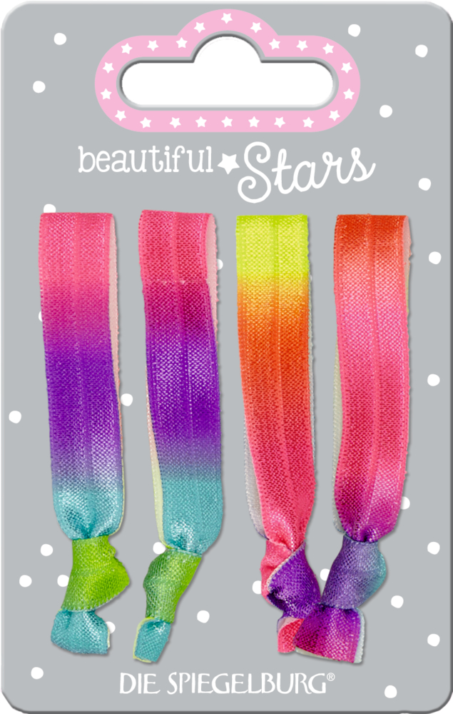 Vier bunte Haarbänder mit Farbverlauf auf grauer Pappkarte mit der Aufschrift „Beautiful Stars“.