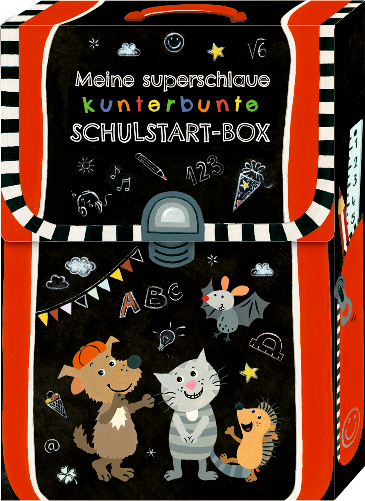 Bunte Schulbox mit Hund, Katze, Maus und verspielten deutschen Schulkritzeleien.