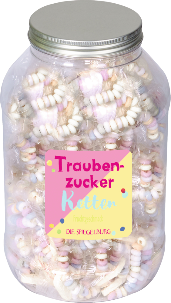 Ein durchsichtiges Glas mit einzeln verpackten Bonbonketten, mit einem bunten deutschen Etikett auf der Vorderseite.