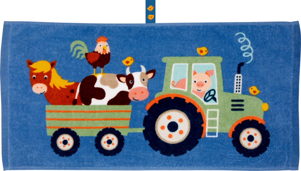 Illustration von Bauernhoftieren im Anhänger eines Traktors auf blauem, rechteckigem Untergrund.