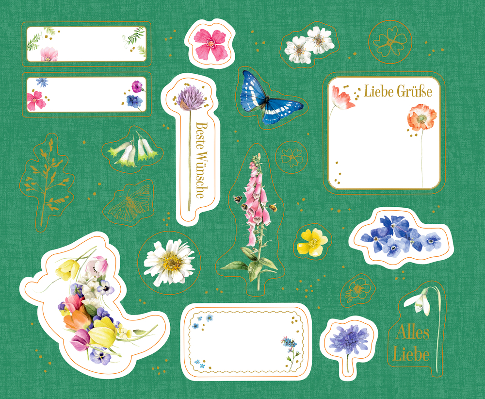 Bunte Blumenaufkleber, Etiketten und Schriftzüge auf strukturiertem grünem Hintergrund.