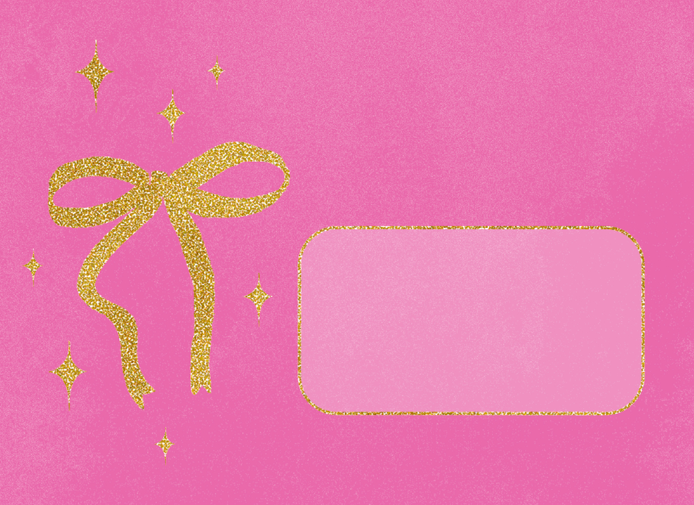 Pinker Briefumschlag mit goldglitzernder Schleife und Sternen links sowie leerem, goldumrandetem Feld rechts.