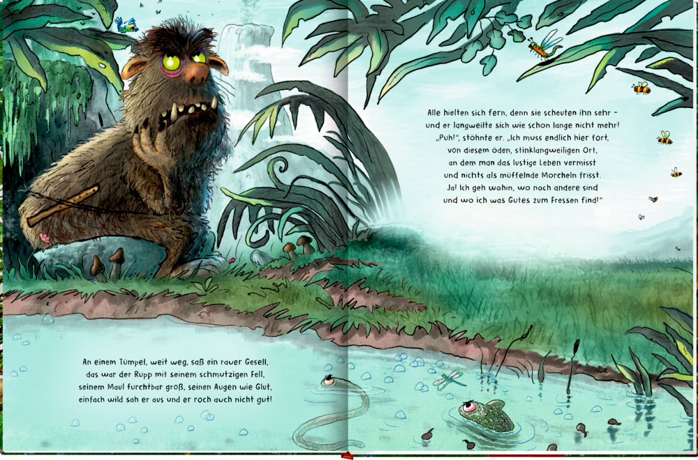 Ein trauriges, pelziges Monster sitzt am Teich, Frosch und Fisch beobachten es, Dschungelpflanzen umgeben sie, auf einer Doppelseite mit Text.