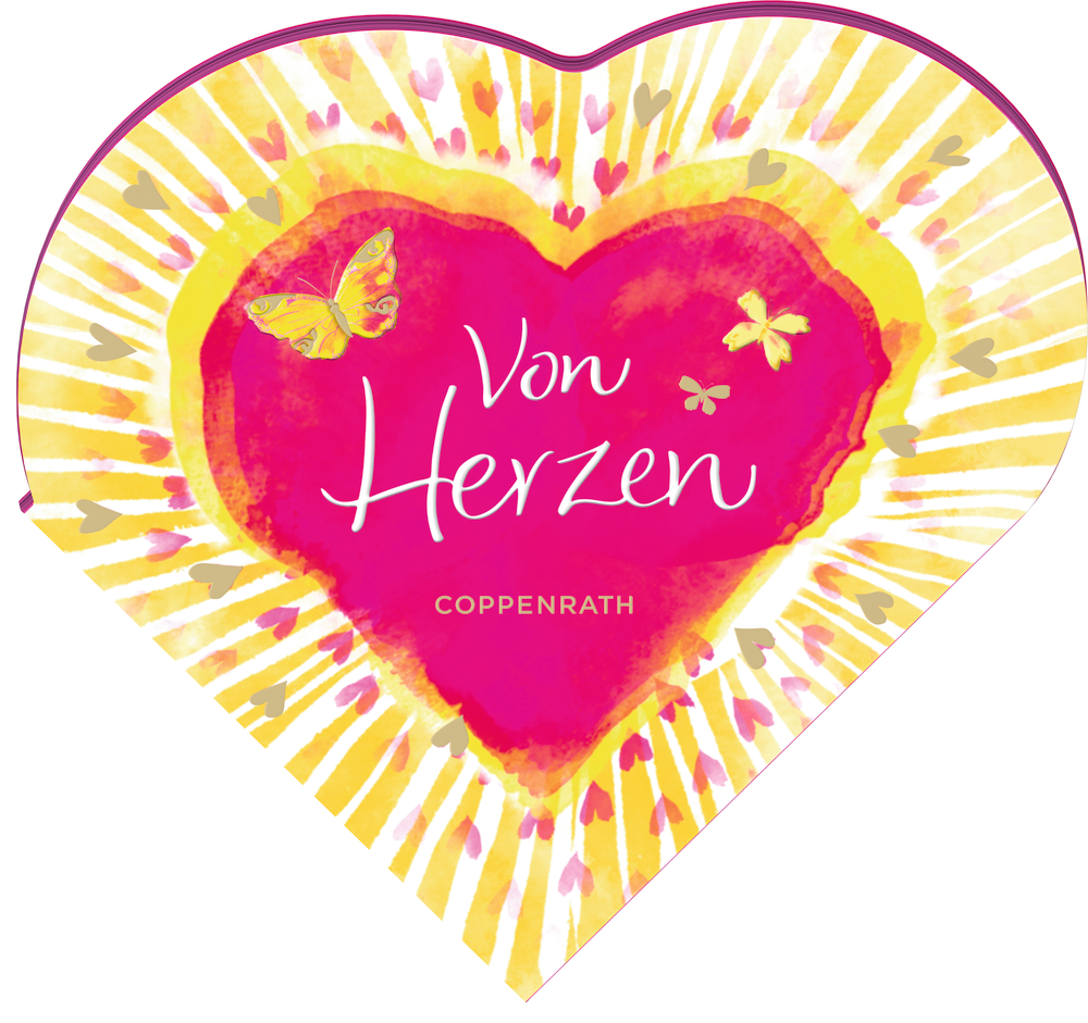 Herzförmige Karte mit Text von Herzen, gelben Schmetterlingen und pink-gelbem Sonnenstrahlmuster.