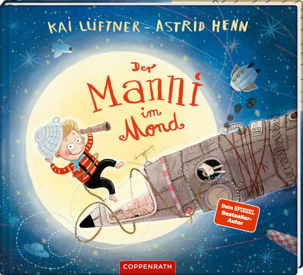 Buchcover: Ein Junge und sein Hund fliegen mit einer Rakete am Mond vorbei.