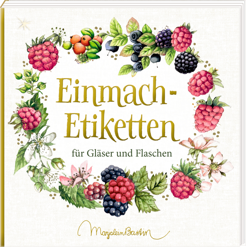 Buchcover: Brombeeren und Blätter rahmen den Titel „Einmach-Etiketten“ in goldener Schrift ein.