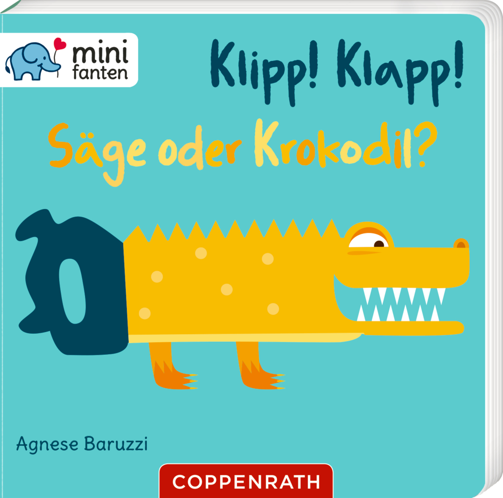 Gelbe Säge, geformt wie ein Krokodil, auf blauem Hintergrund. Text und rotes Logo sind sichtbar.