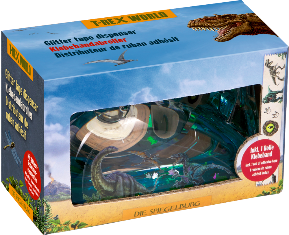 Transparenter Klebebandabroller mit Dinosauriermotiv in blauer Verpackung mit Sichtfenster und Aufschrift T-Rex World.