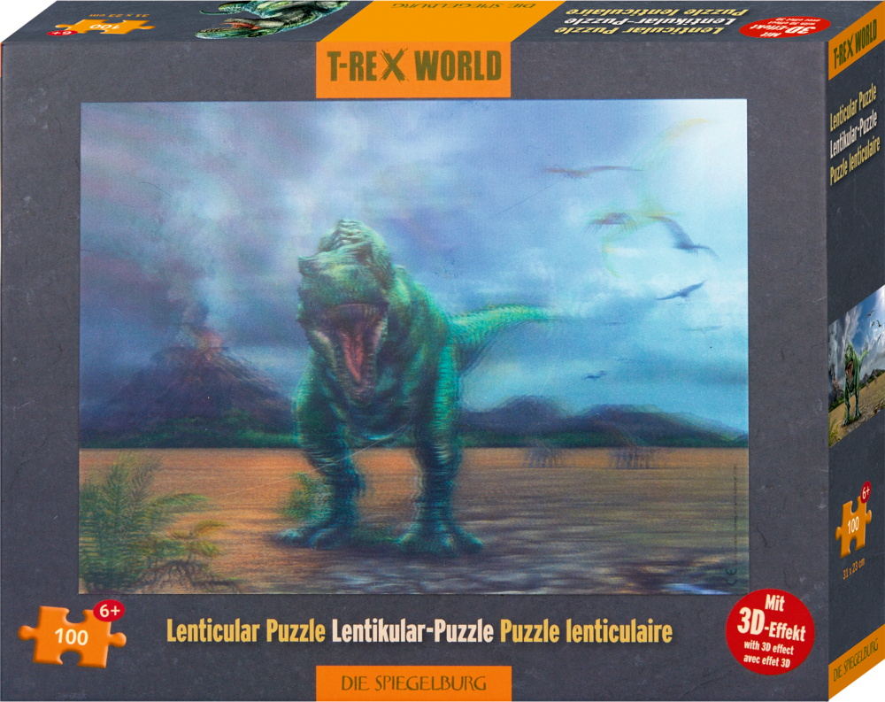 Puzzlebox mit einem 3D-Effektbild eines brüllenden T-Rex in einer prähistorischen Landschaft.