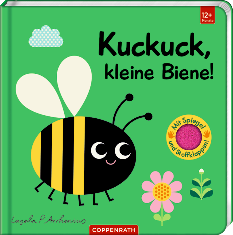 Eine fröhliche Cartoon-Biene und Blumen auf grünem Kinderbuchcover.