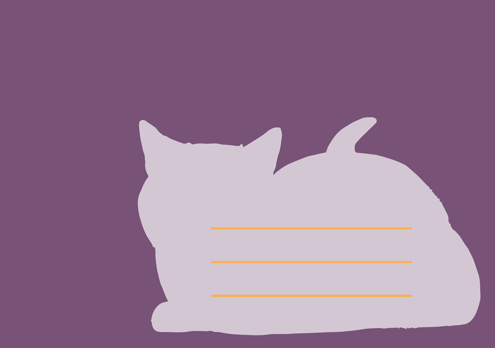 Lila-farbener Umschlag mit helllila Katzen-Silhouette als Adressfeld mit drei waagerechten orangefarbenen Linien.