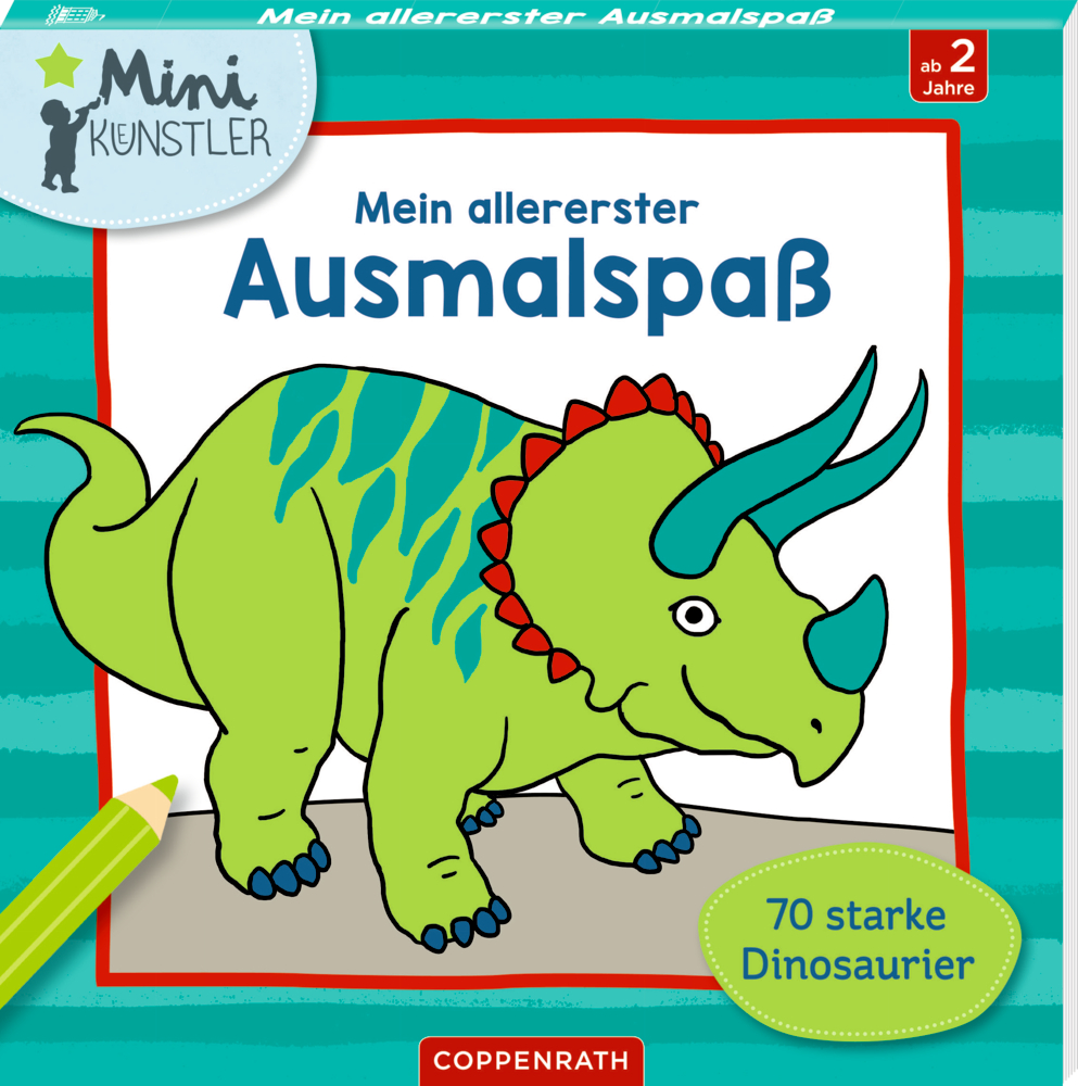 Grüne Triceratops-Illustration auf dem Kinder-Malbuchcover mit dem Titel „Mein allererster Ausmalspaß“.