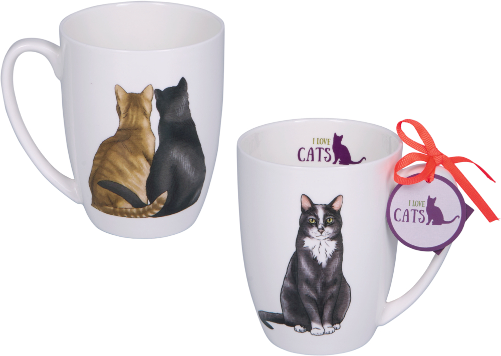 Vor- und Rückseite einer weißen Tasse mit Katzenmotiven und dem Aufdruck „I love Cats“, eine mit roter Schleife am Henkel.