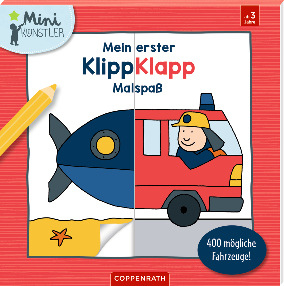 Buchcover mit geteilter Zeichnung von Fisch und Feuerwehrauto.