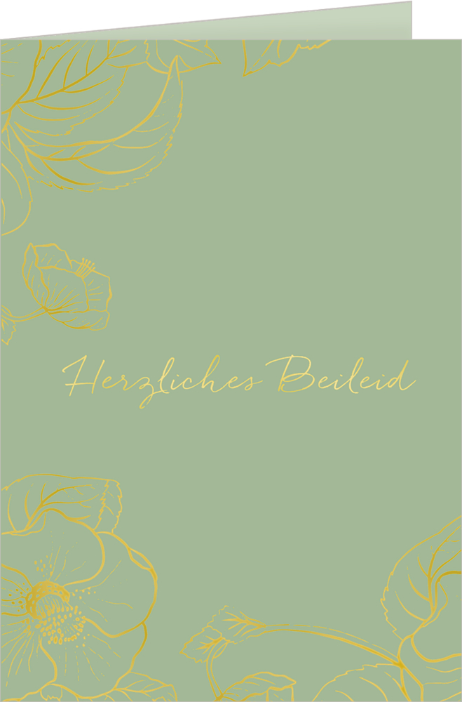 Grüne Trauerkarte mit goldener Blumenlinienkunst und „Herzliches Beileid“ in der Mitte.