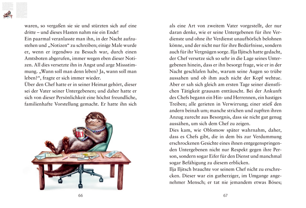 Ein Faultier im Anzug entspannt im Sessel mit Drink, umgeben von Büchern, Papieren und Text, auf einer weißen Seite.