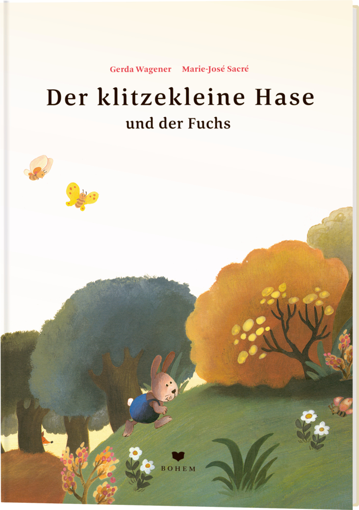 Ein kleines Kaninchen rennt durch eine bunte Wiese mit Blumen, einem Schmetterling und einem Fuchs hinter einem Baum.