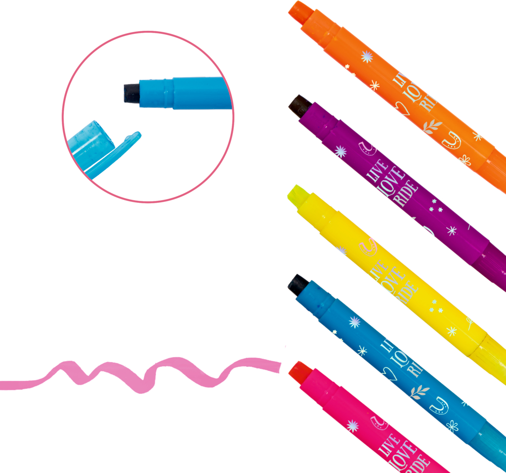 Fünf bunte Textmarker mit Mustern und Schrift, eine Nahaufnahme der blauen Spitze und eine pinke gezeichnete Linie.
