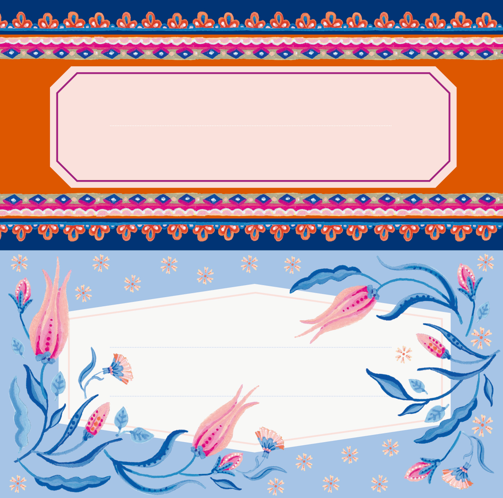 Zwei dekorative Etiketten mit floralen Mustern in Rosa, Blau und Orange, eines mit Blumen, das andere mit Ornamentrahmen.