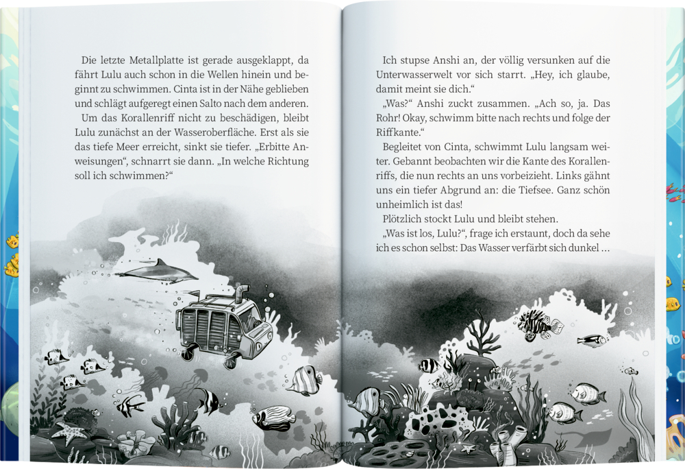 Buchinnenabbildung mit Text und Illustration einer Unterwasserlandschaft kleinem Fahrzeug.