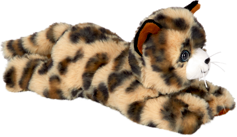Ein Plüsch-Katzenspielzeug mit braunen, schwarzen und cremefarbenen Flecken liegt mit nach vorne gestreckten Vorderpfoten da.