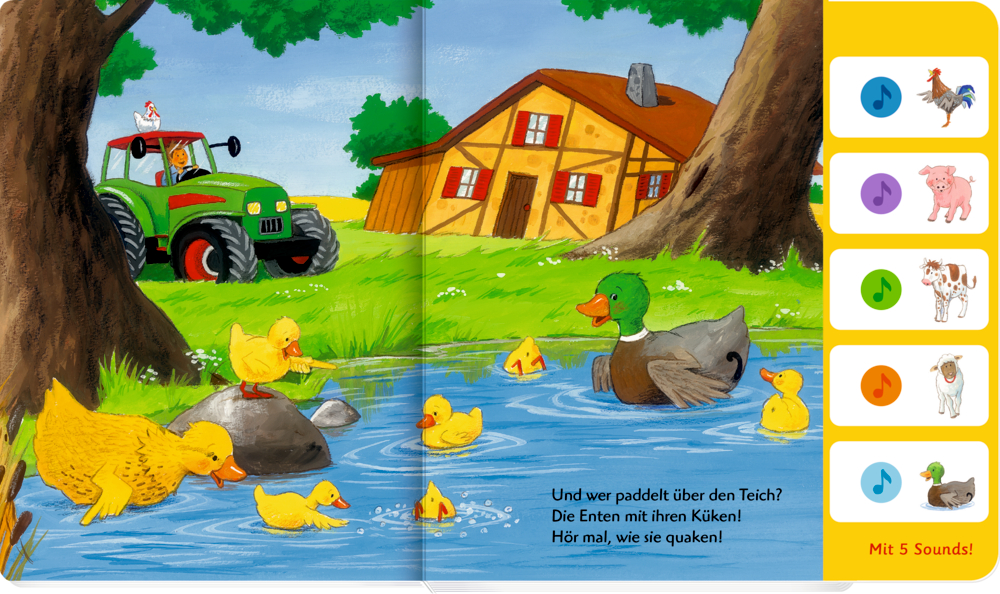 Eine Ente mit Küken schwimmt im Teich, auf dem Rasen sind Traktor und Hühnerküken zu sehen, auf einer Doppelseite mit Soundknöpfen.