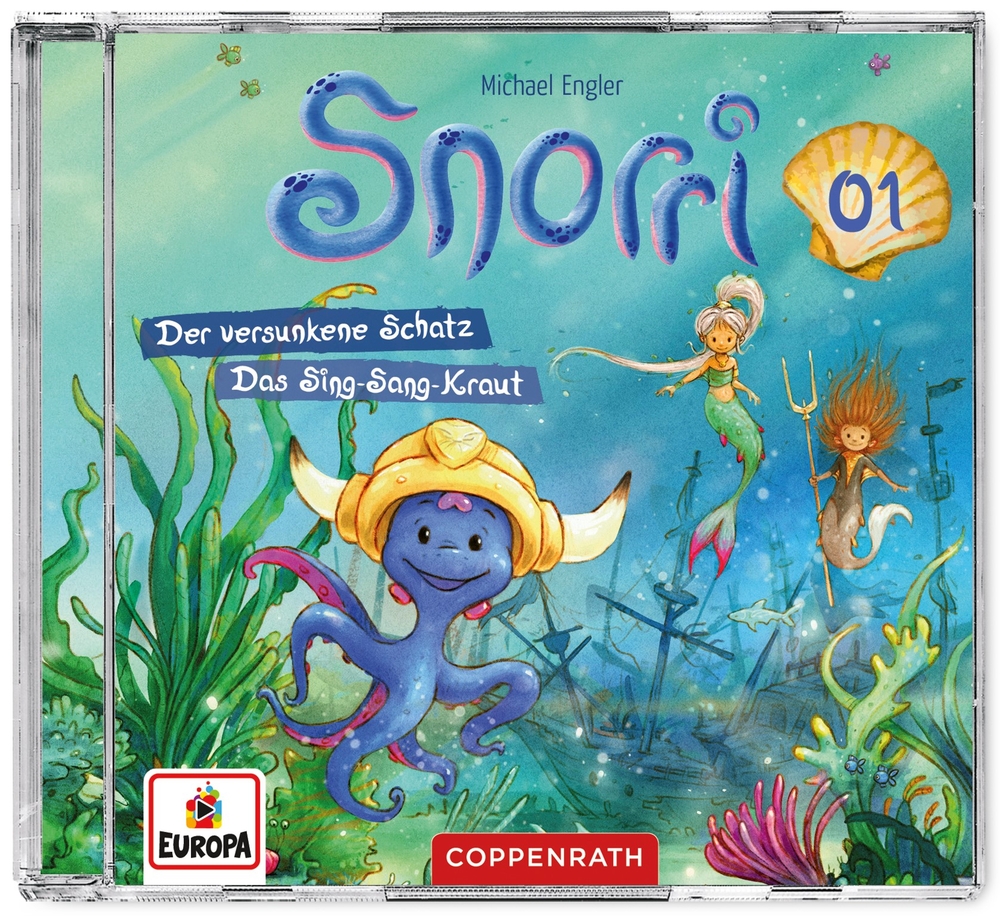 Buntes CD-Cover: lächelnder lila Oktopus in einem Muschelhelm mit Unterwasser-Meeresbewohnern im Hintergrund.