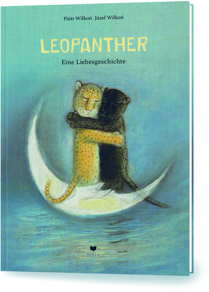 Leopard und Panther umarmen sich auf einer Mondsichel; Buchcover mit dem Titel „Leopanther“.