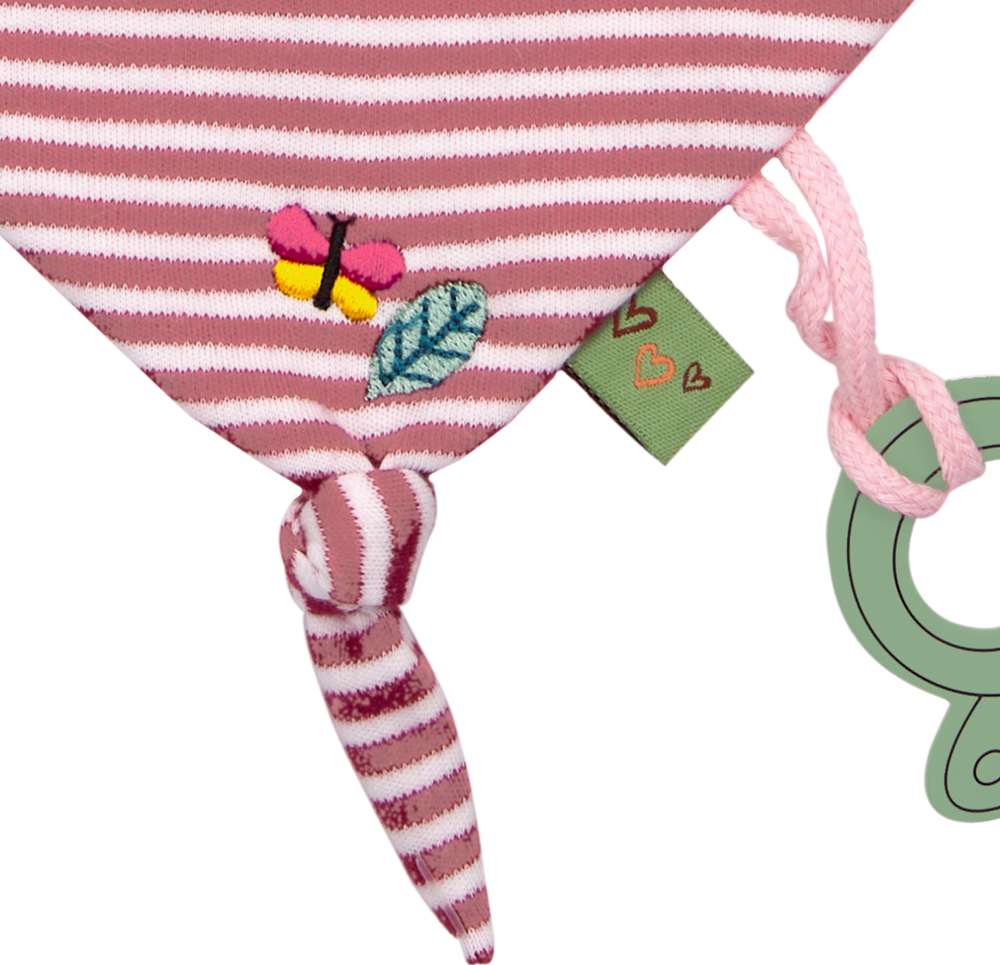 Gestreiftes rosa Schnullertuch mit Knoten, Schmetterlings- und Blattstickerei sowie angenähtem grünem Label mit Herzen.