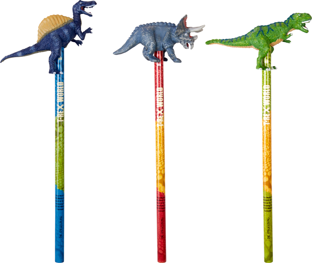 Drei bunte Bleistifte mit Spinosaurus-, Triceratops- und T. Rex-Dinosaurierfiguren an der Spitze.
