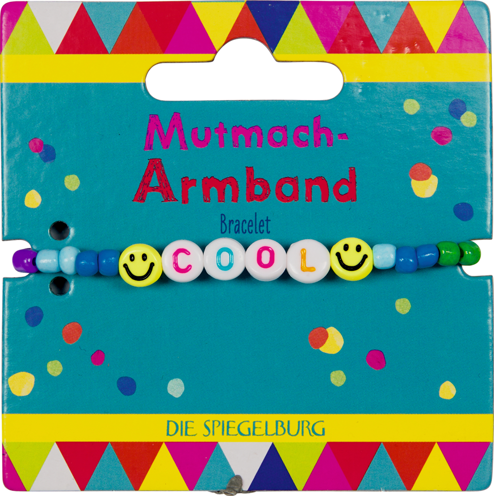 Buntes Perlenarmband mit "COOL" und Smiley-Gesichtern auf festlicher Karte mit Aufschrift "Mutmach-Armband".