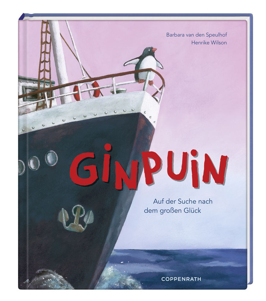 Ein Pinguin steht auf dem Bug eines Schiffes, darüber erscheint in kräftigem Rot der Titel „GINPUIN“.