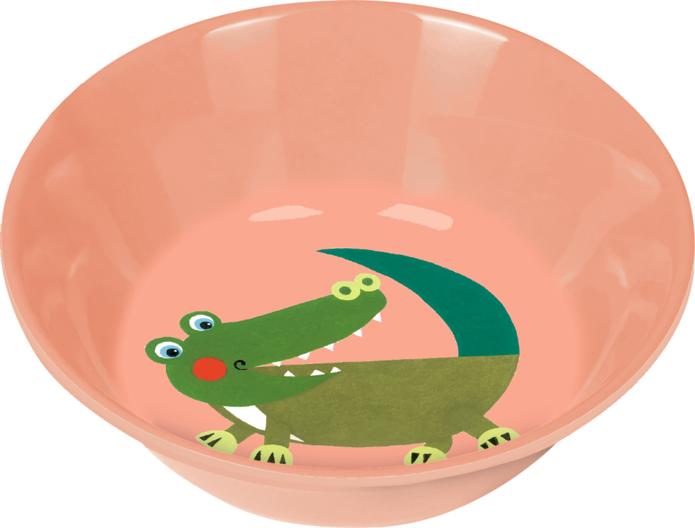 Pfirsichfarbene Schale mit einer Cartoon-Illustration eines grünen Krokodils am Boden.