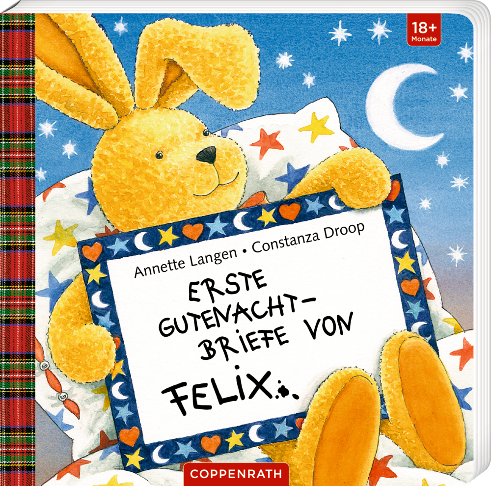 Auf dem Cover hält ein gelber Plüschhase ein Schild mit der Aufschrift „Erste Gutenachtbriefe von Felix“ und sitzt auf einem Sternenbett.