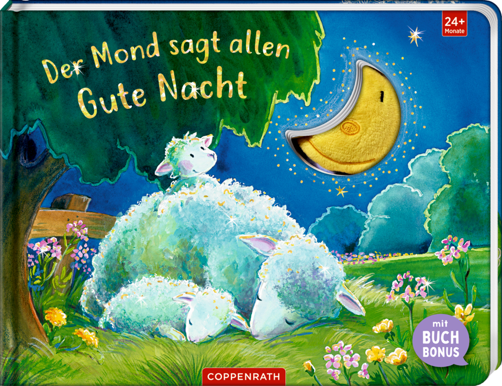 Schafe schlafen nachts unter einem Baum, unter einer lächelnden Mondsichel, abgebildet auf dem Cover von "Der Mond sagt allen Gute Nacht".