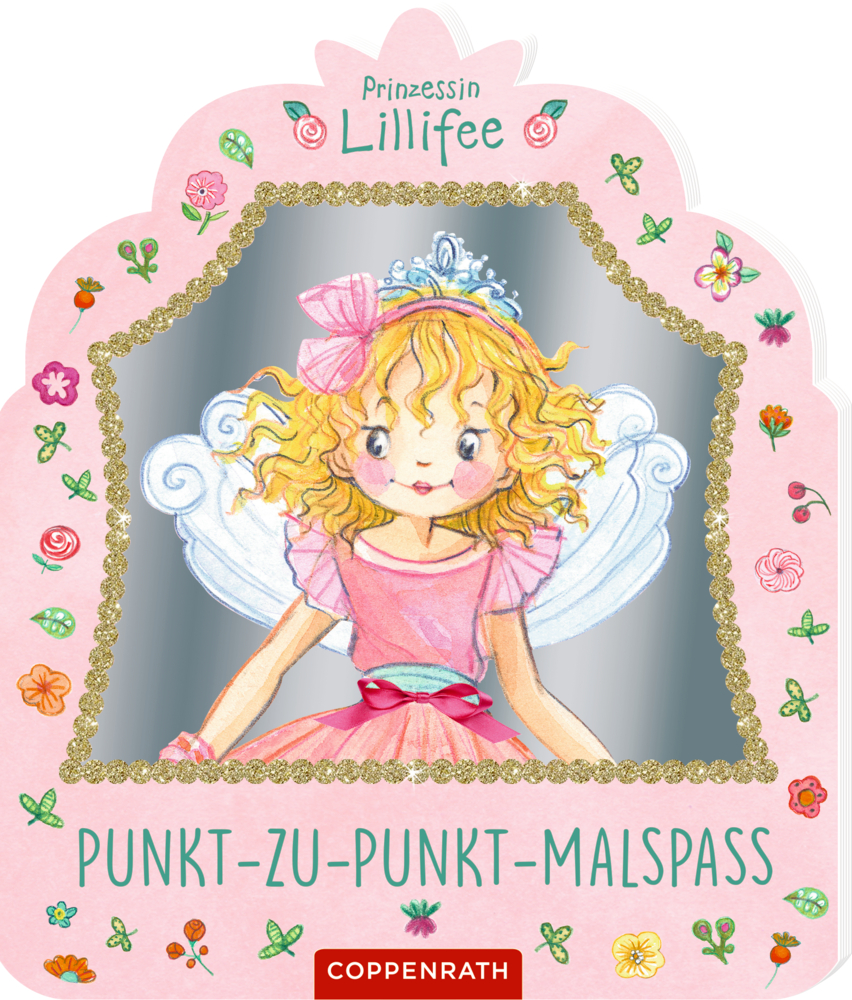 Eine Fee mit blonden Locken, Flügeln und Krone steht auf einem rosa verzierten Buchcover.