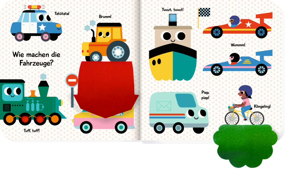 Bunte Kinderbuchseite mit Fahrzeugen.