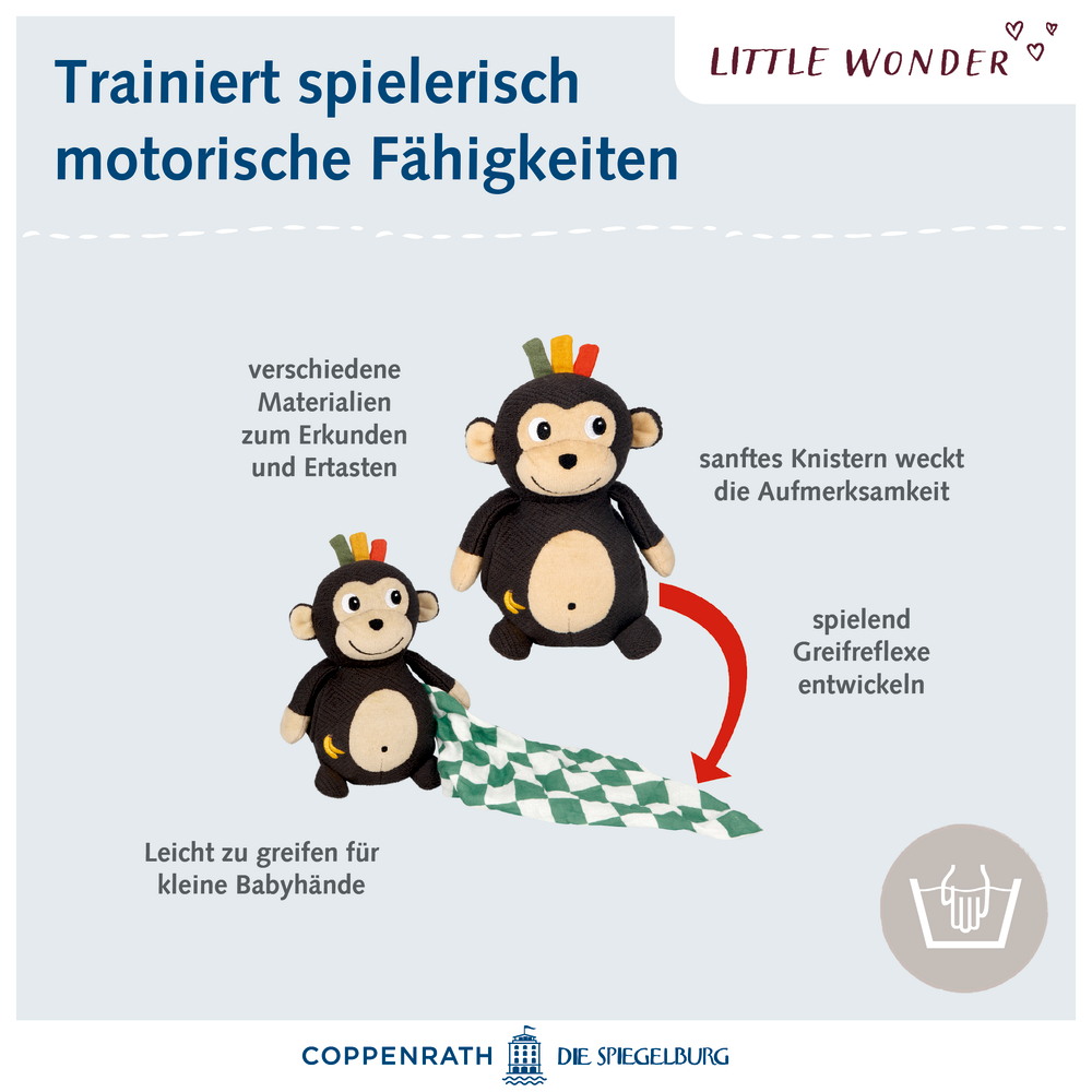 Plüschaffe mit bunten Haaren und Knisterstoff als Baby-Greifspielzeug zur Förderung motorischer Fähigkeiten.