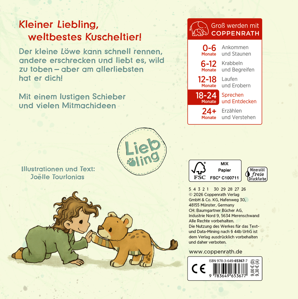 Buchrückseite mit Illustration eines Kindes im grünen Strampler, das einem kleinen Löwen die Pfote reicht.
