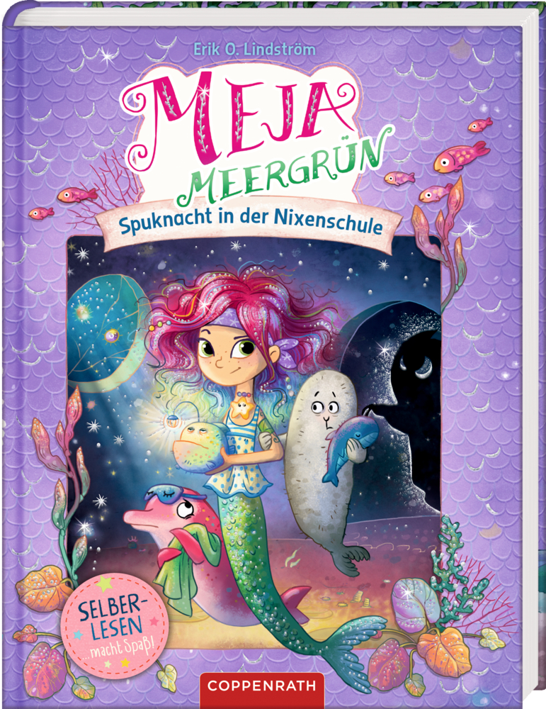 Farbenfrohes Cover von "Meja Meergrün - Spuknacht in der Nixenschule" mit Meerjungfrauenmädchen und Meerestiere in einer Unterwasserszene.